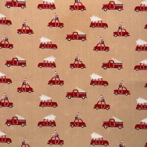 Nice List Holiday Red Cars and Trucks Cotton Fabric - 1/2 YD - Presents, Trees